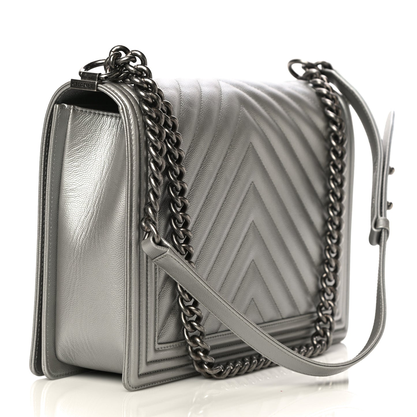 Metallic Caviar Chevron Quilted Large Boy Flap Silver