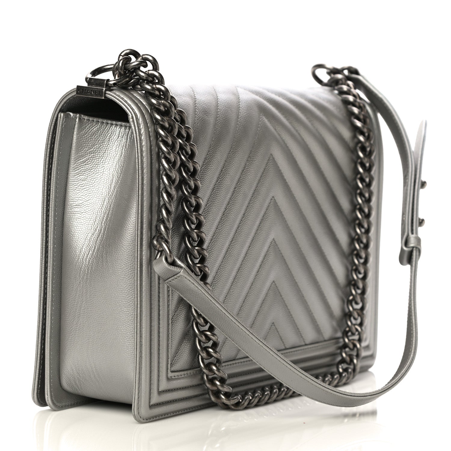 Chanel Metallic Caviar Chevron Quilted Large Boy Flap Silver 2 of 10