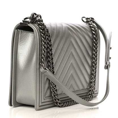 Chanel Metallic Caviar Chevron Quilted Large Boy Flap Silver 2 of 10