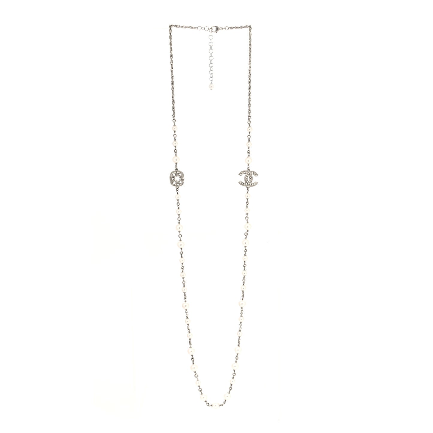 Crystal Pearl CC Long Necklace Silver