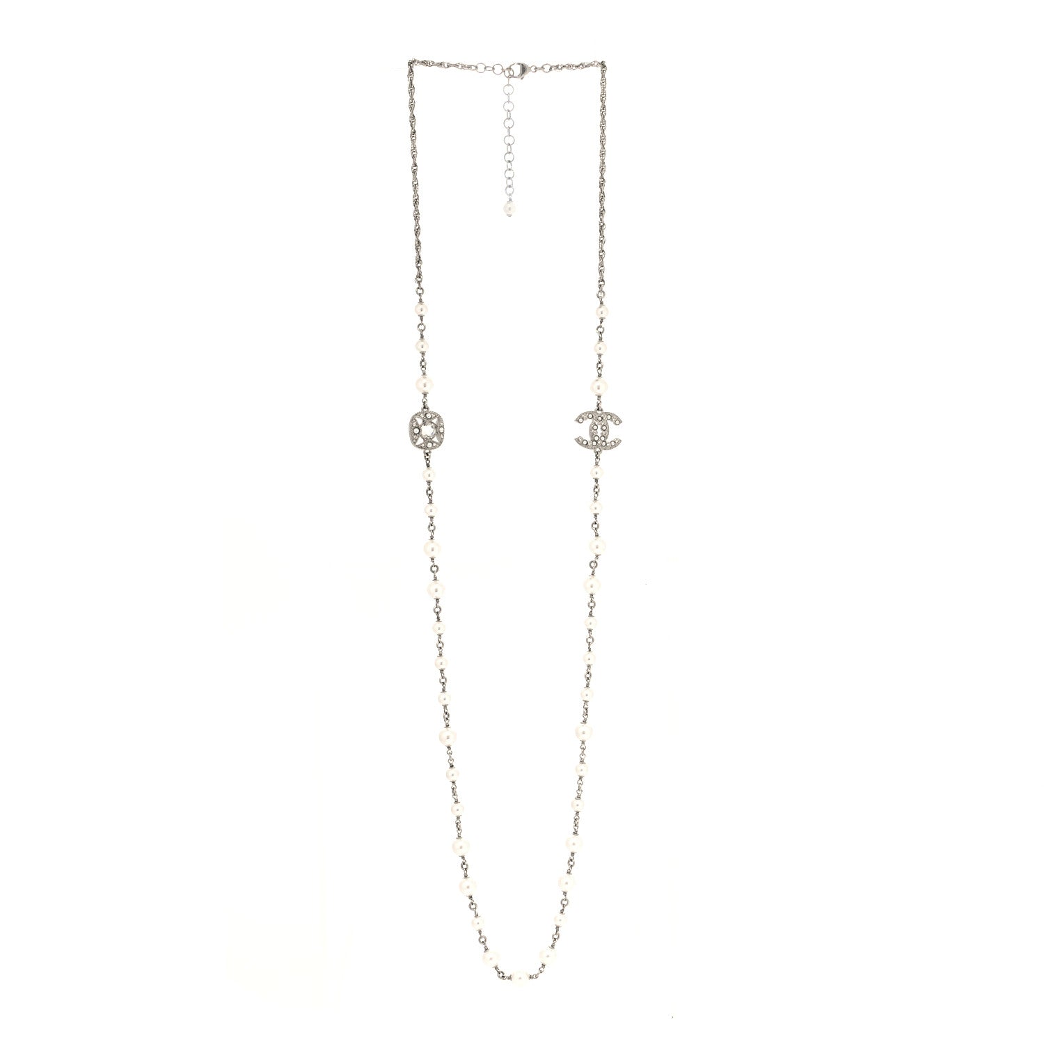 Chanel Crystal Pearl CC Long Necklace Silver 3 of 5