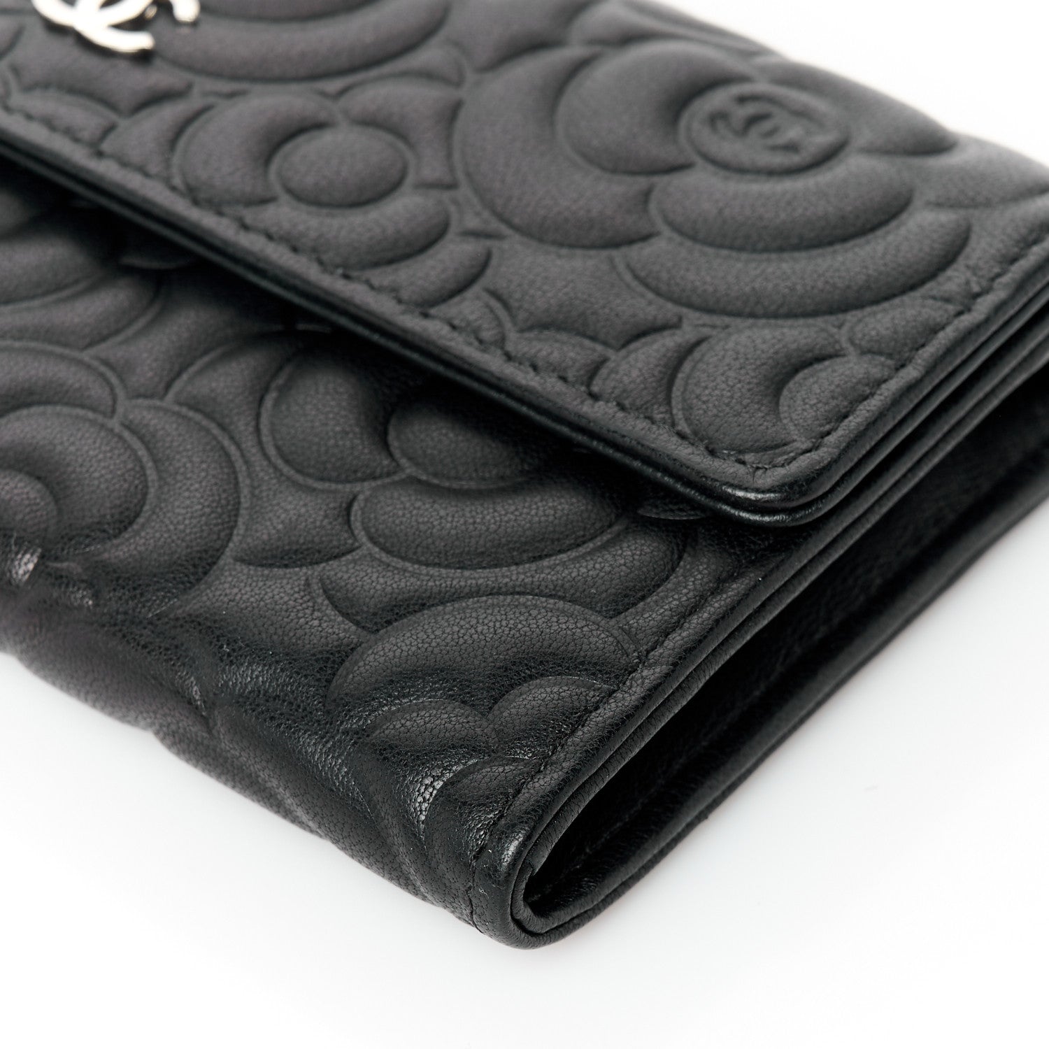 Chanel Lambskin Embossed Camellia Large Gusset Flap Wallet Black 11 of 12