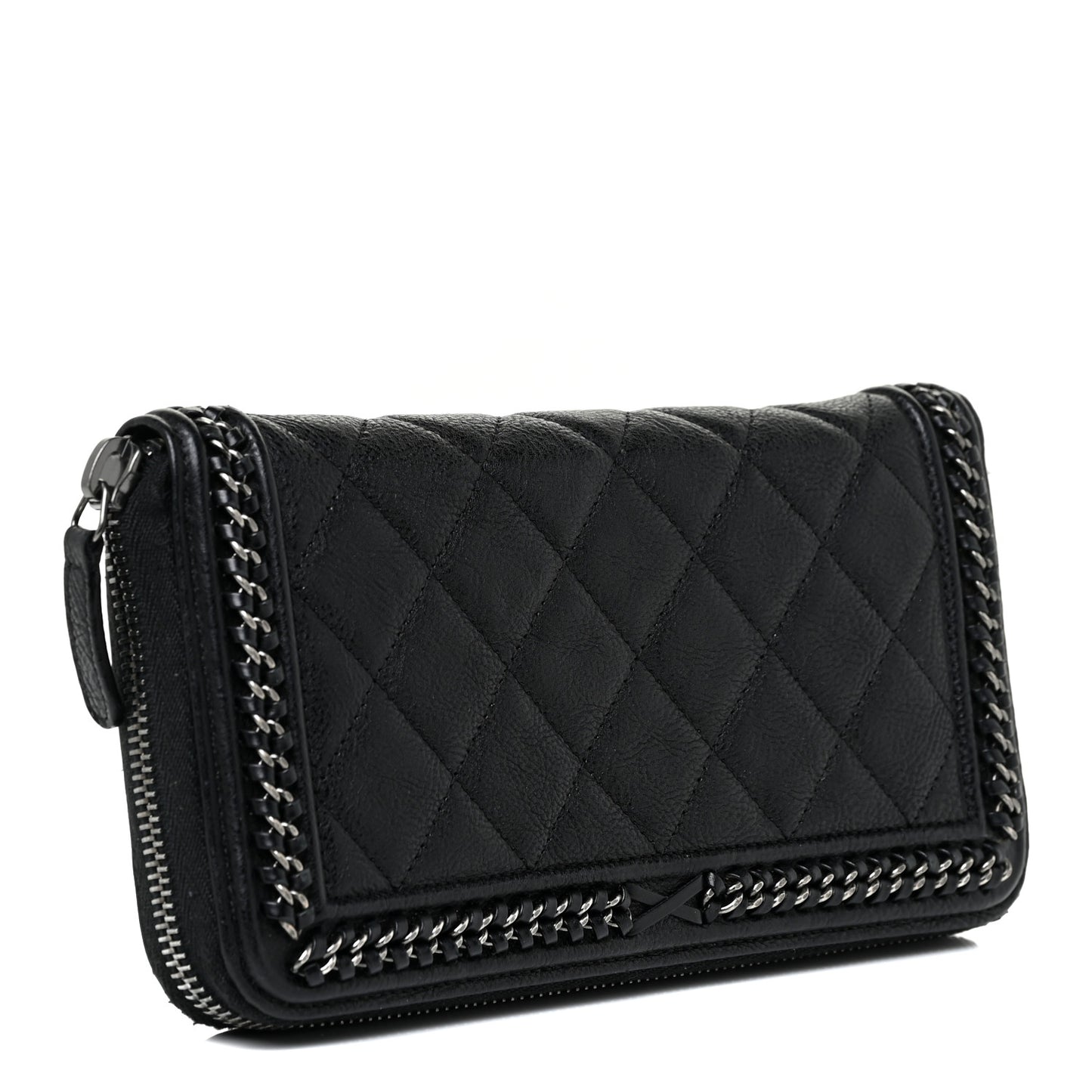 Calfskin Quilted Boy Chain Large Gusset Zip Around Wallet Black