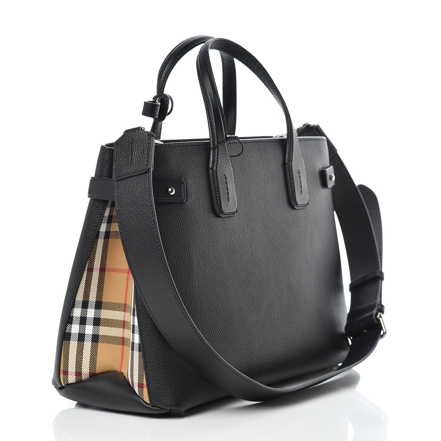 Burberry Derby Calfskin Vintage Check Medium Banner Tote Black 3 of 11