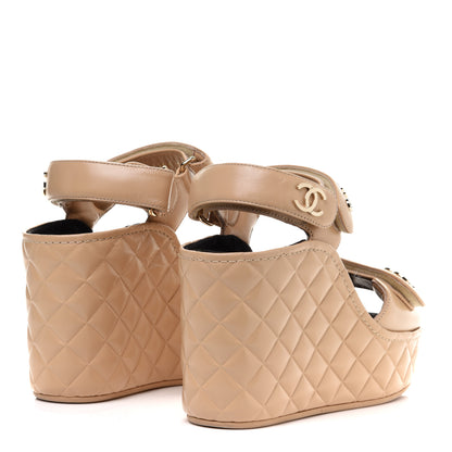 Chanel Shiny Calfskin Quilted Wedge Sandals 36 Beige 4 of 10