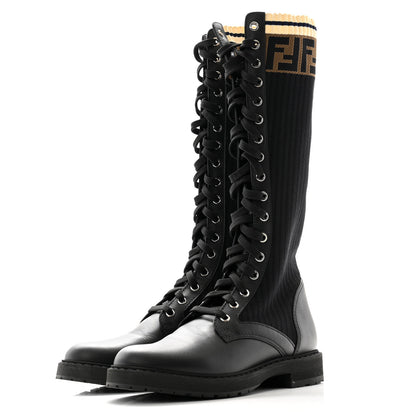 Fendi Calfskin Stretch Fabric FF Rockoko Tall Biker Boots 36 Tobacco Black Marino 3 of 7