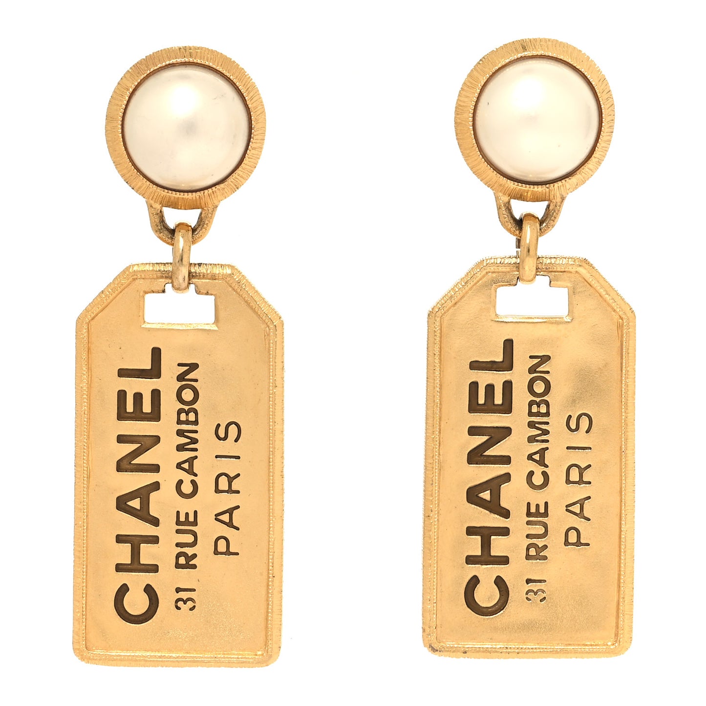 Pearl CC Tags Drop Earrings Gold