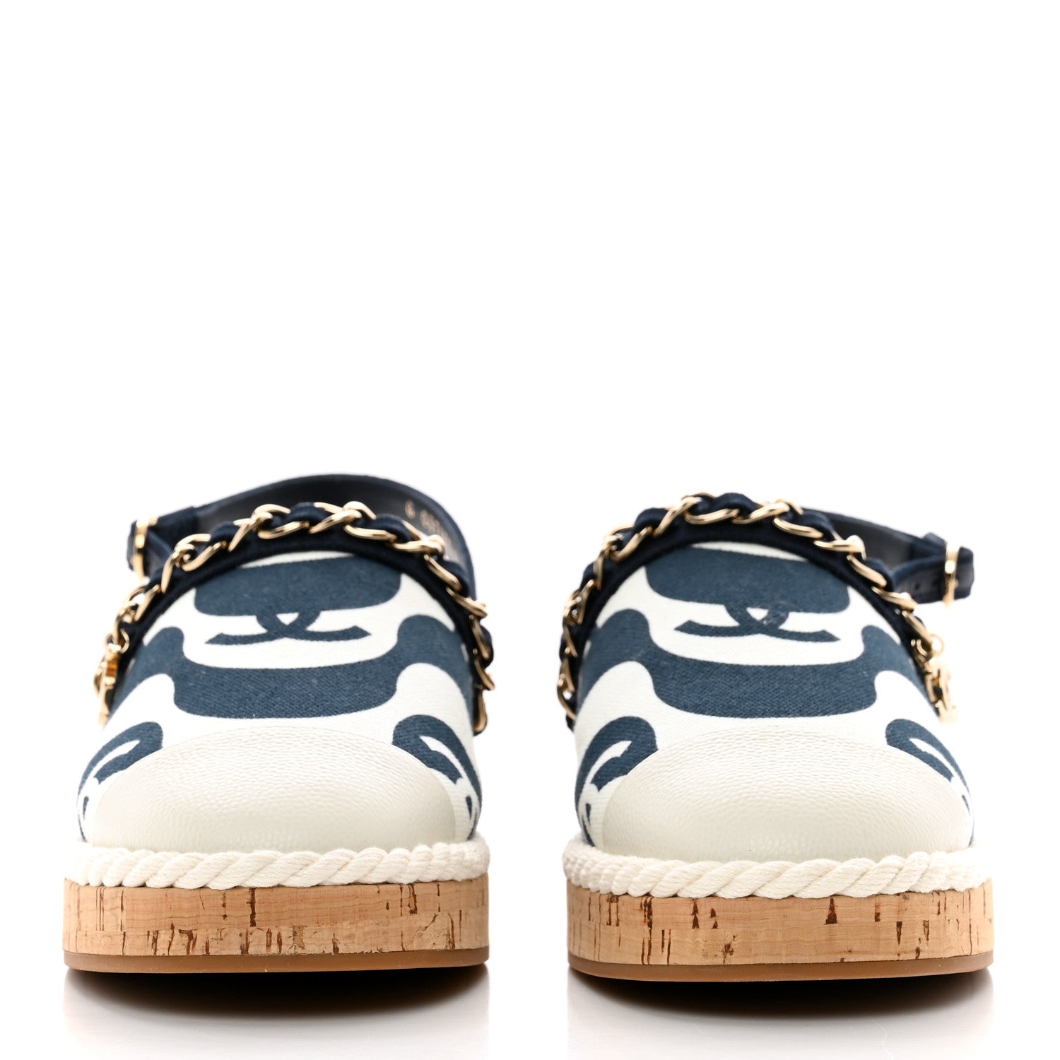 Chanel Lambskin Cotton Cork Printed Cap Toe Chain Mules Sandals 37 Navy White 2 of 9