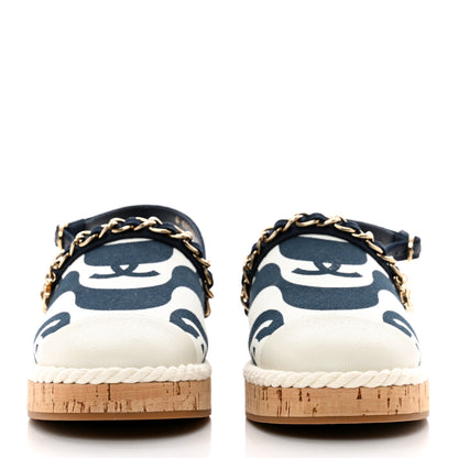 Chanel Lambskin Cotton Cork Printed Cap Toe Chain Mules Sandals 37 Navy White 2 of 9