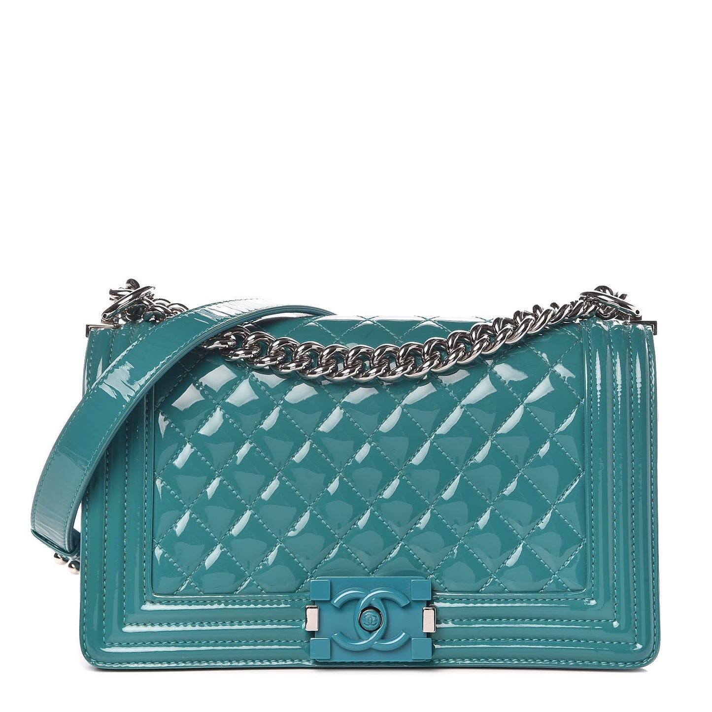 Patent Calfskin Quilted Medium Plexiglass Boy Flap Turquoise