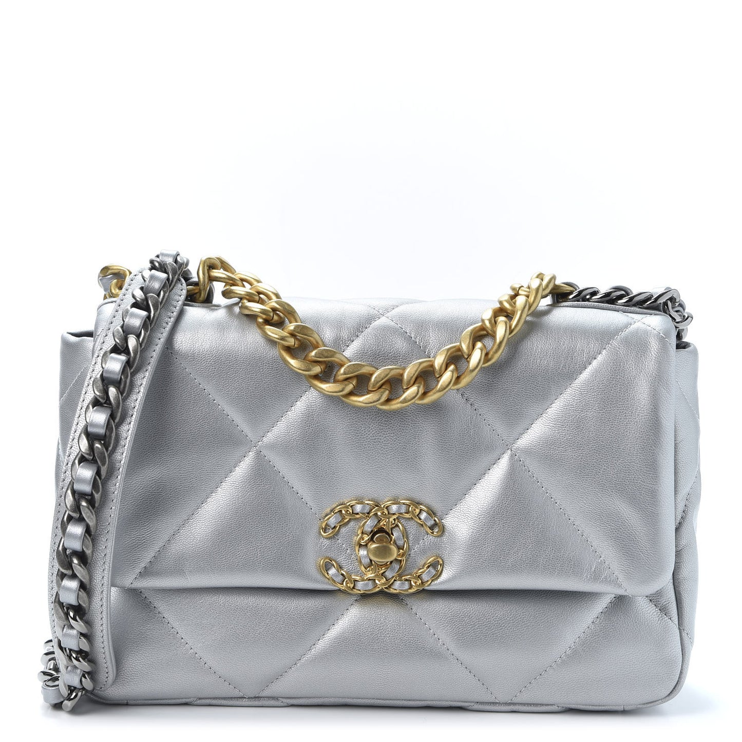 Metallic Goatskin Quilted Medium 19 Flap Silver