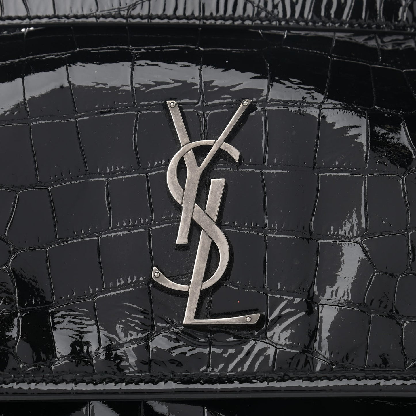 Patent Crocodile Embossed Lambskin Monogram Medium Niki Chain Satchel Black