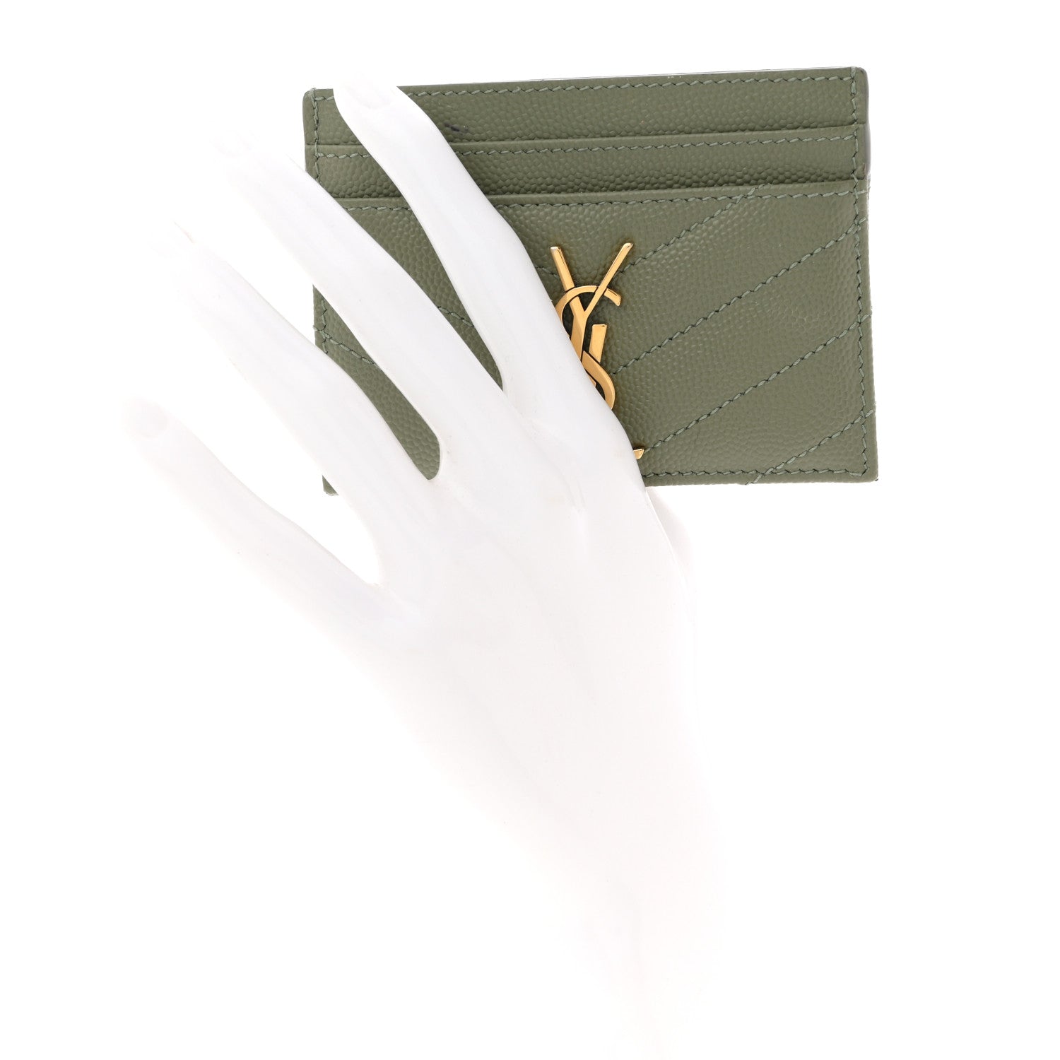 Saint Laurent Grain De Poudre Matelasse Chevron Monogram Credit Card Case Light Sage 2 of 7
