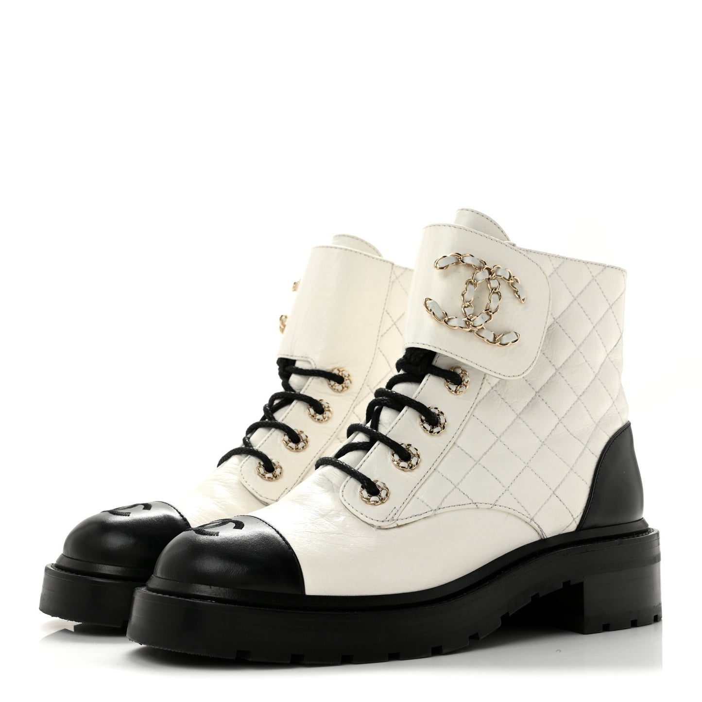 Shiny Goatskin Calfskin Quilted Lace Up Combat Boots 39 White Black