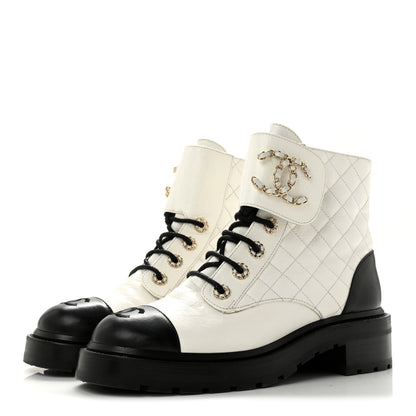 Chanel Shiny Goatskin Calfskin Quilted Lace Up Combat Boots 39 White Black 4 of 11