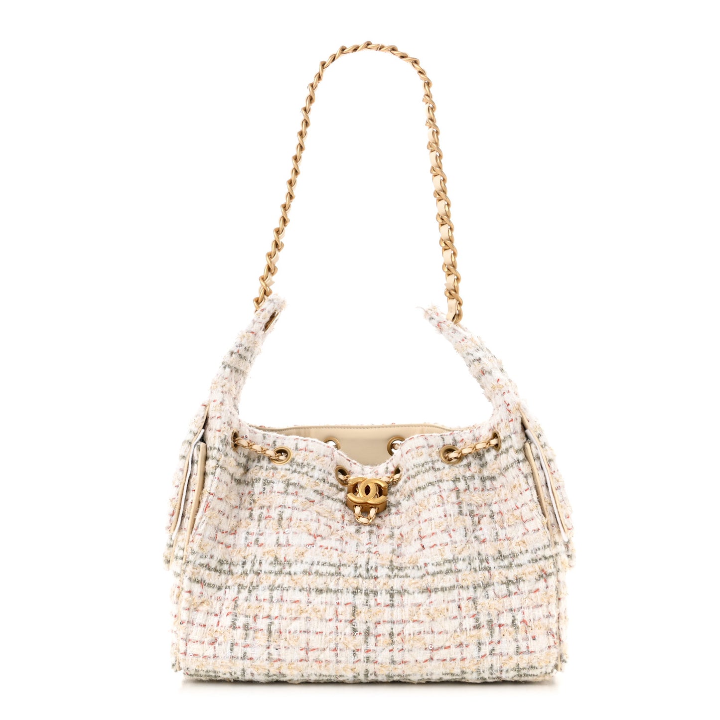 Tweed Quilted Small Chanel 25 Handbag Ecru Khaki Gold Red