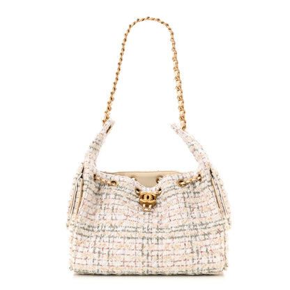 Chanel Tweed Quilted Small Chanel 25 Handbag Ecru Khaki Gold Red 1 of 10