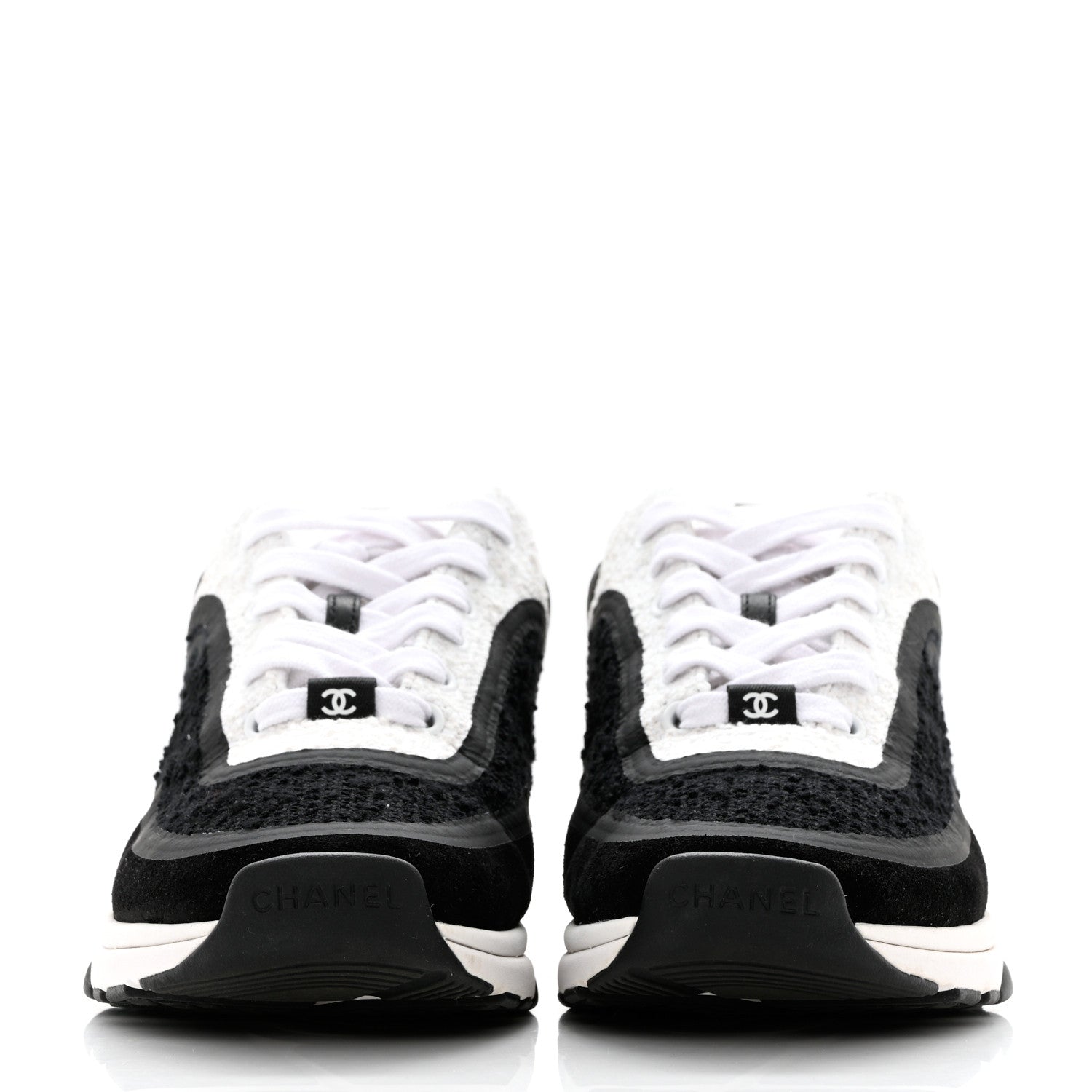 Chanel Tweed Suede Calfskin CC Sneakers 39 Black White 2 of 9