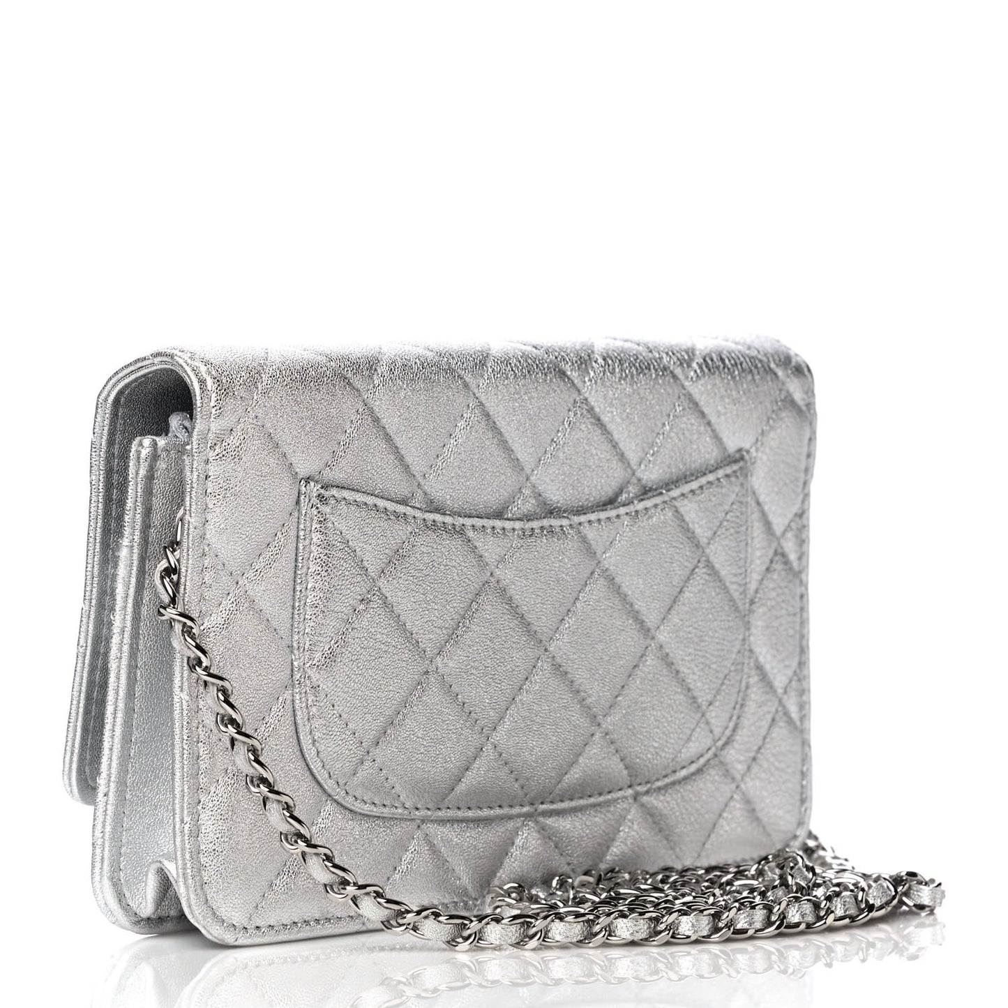 Metallic Lambskin Quilted Wallet On Chain WOC Silver