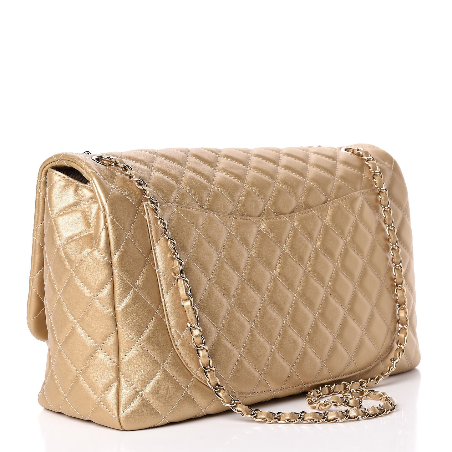 Metallic Calfskin Quilted Small XXL Travel Flap Bag Gold