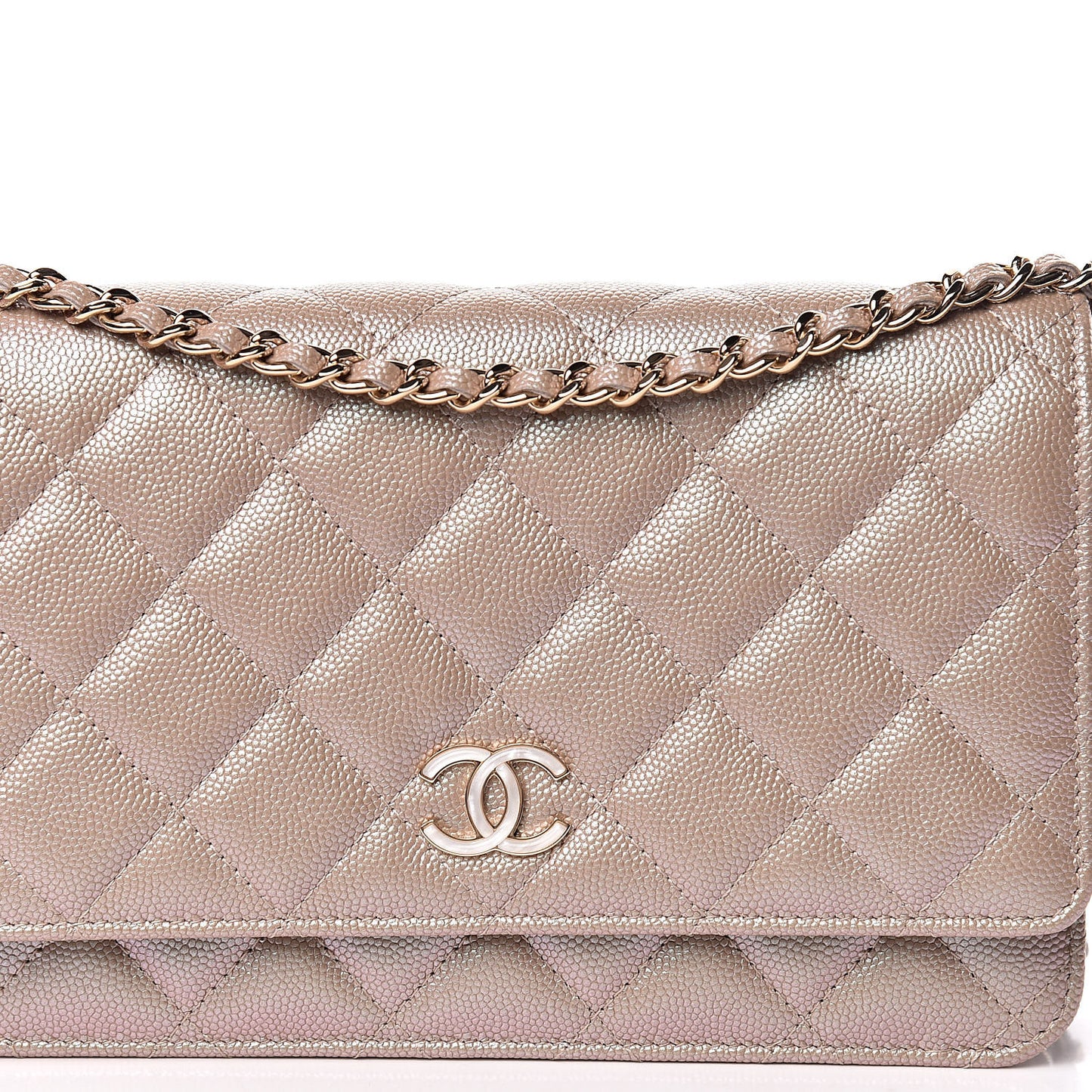 Iridescent Caviar Quilted Wallet On Chain WOC Beige