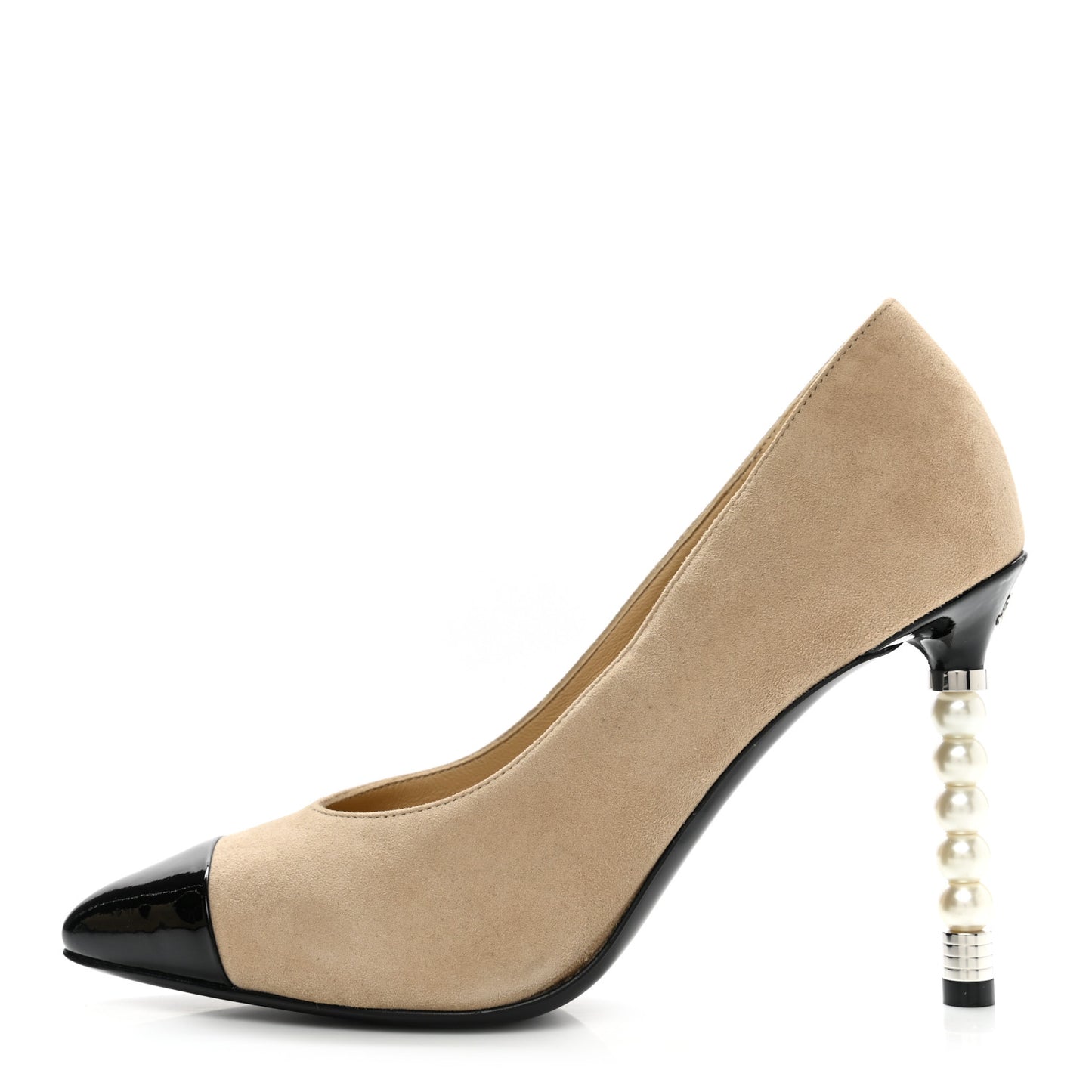 Suede Patent Calfskin Cap Toe Pearl Pumps 35 Beige Black