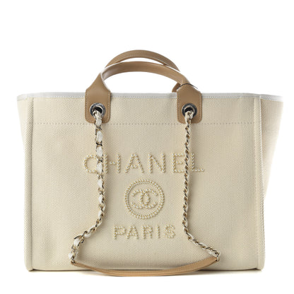 Chanel Canvas Pearl Medium Deauville Tote Ecru Beige 1 of 10
