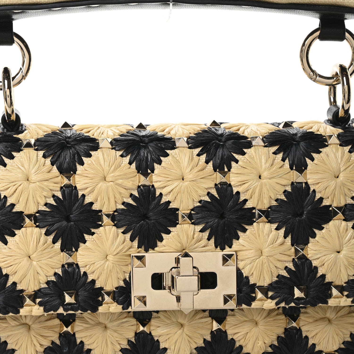 Valentino Garavani Raffia Embroidered Checkered Small Rockstud Spike Shoulder Bag Natural Black 7 of 9