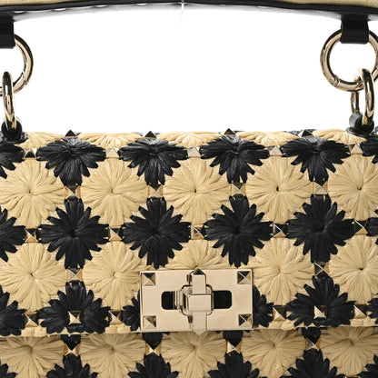 Valentino Garavani Raffia Embroidered Checkered Small Rockstud Spike Shoulder Bag Natural Black 7 of 9