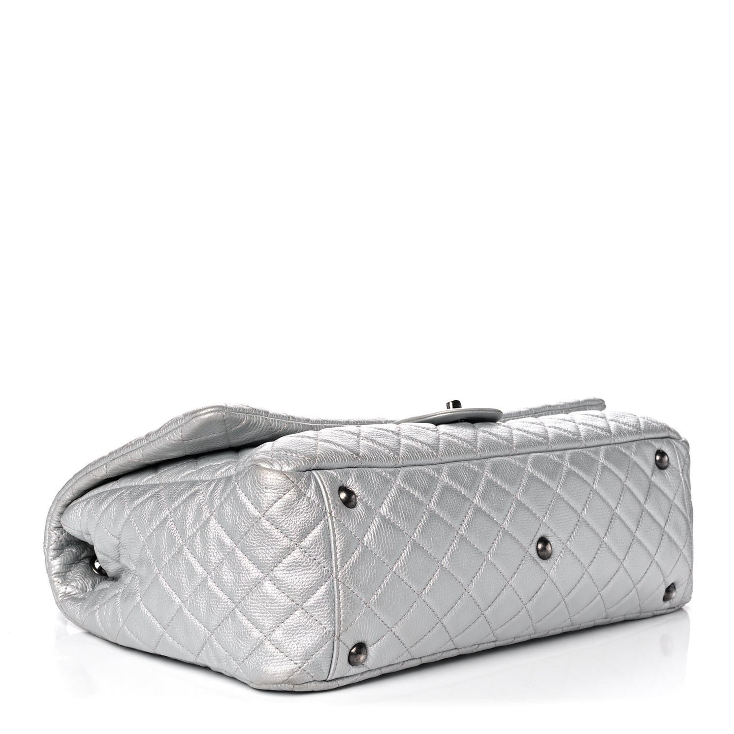Metallic Calfskin Quilted XXL Travel Flap Bag Silver