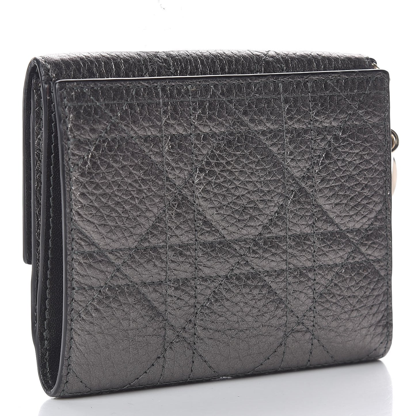Metallic Grained Calfskin Cannage Lady Dior French Wallet Gunmetal
