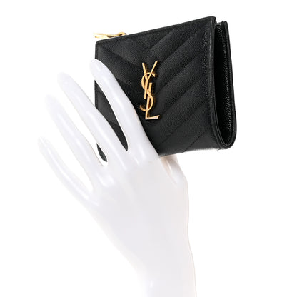 Saint Laurent Grain De Poudre Matelasse Chevron Monogram Zipped Card Case Black 2 of 7