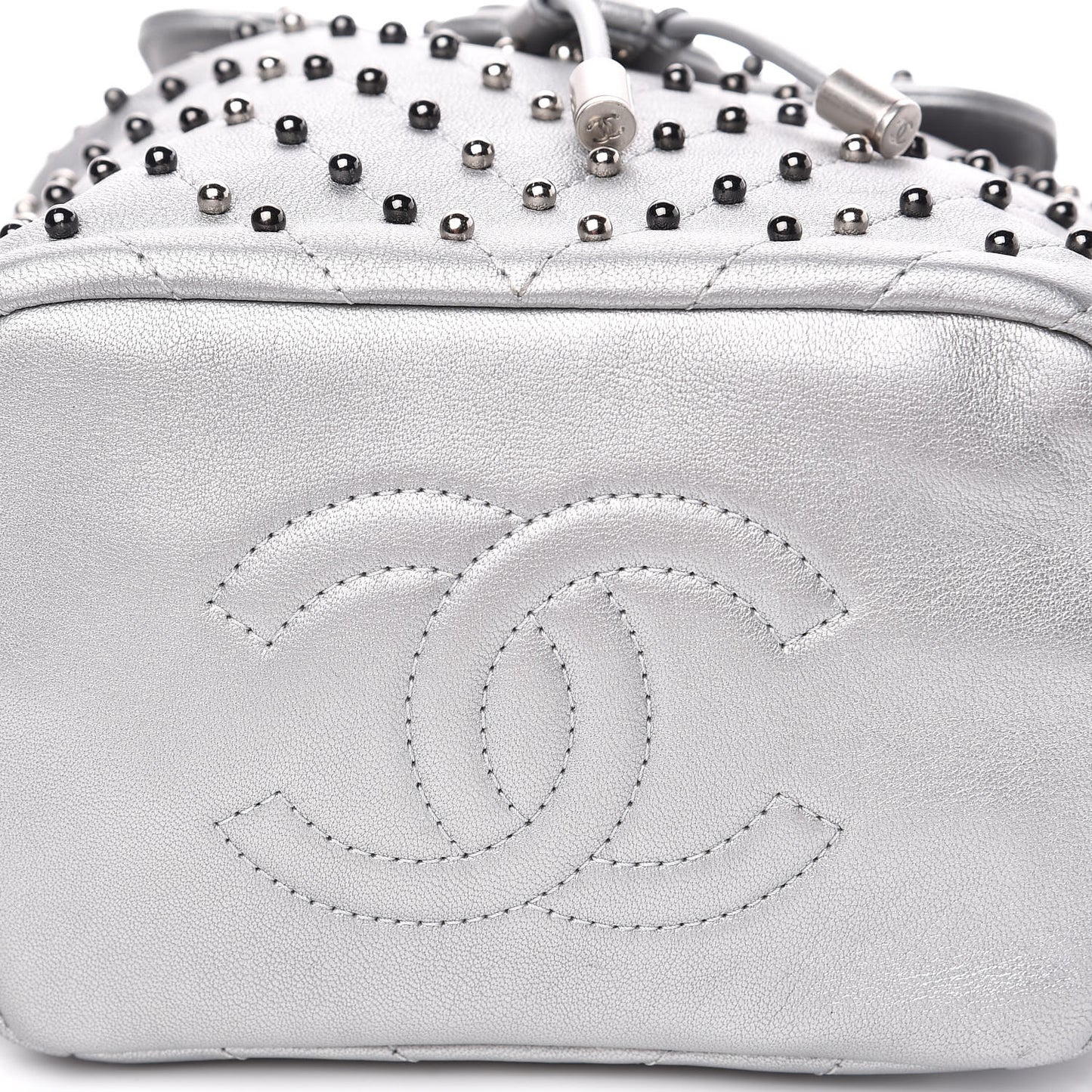 Metallic Lambskin Chevron Quilted Studded Stud Wars Backpack Silver
