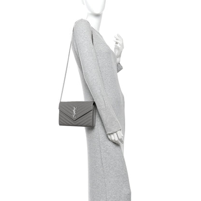Saint Laurent Grain De Poudre Matelasse Chevron Monogram Chain Wallet Fog 2 of 11