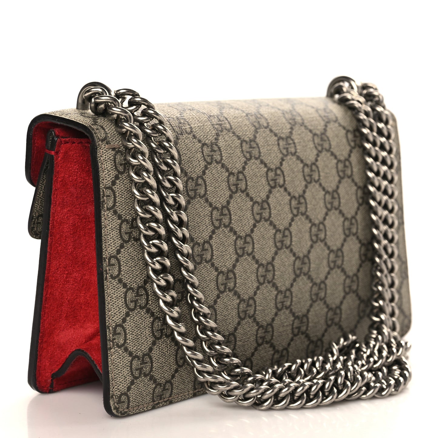 GG Supreme Monogram Suede Crystal Small Dionysus Shoulder Bag Beige Ebony Vulcanic Red