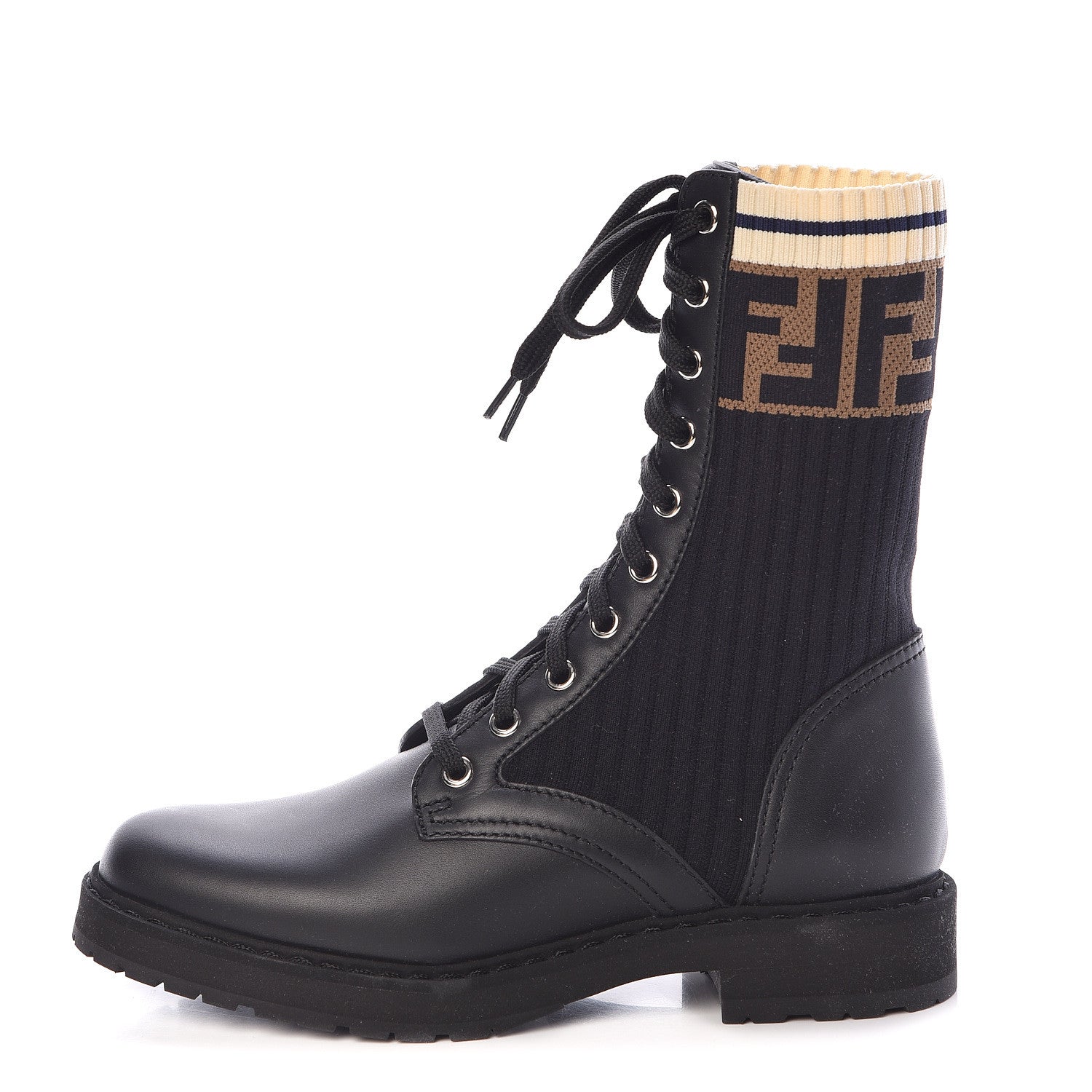 Fendi Calfskin Stretch Fabric Rockoko Biker Boots 35.5 Tobacco Black Marino 1 of 7