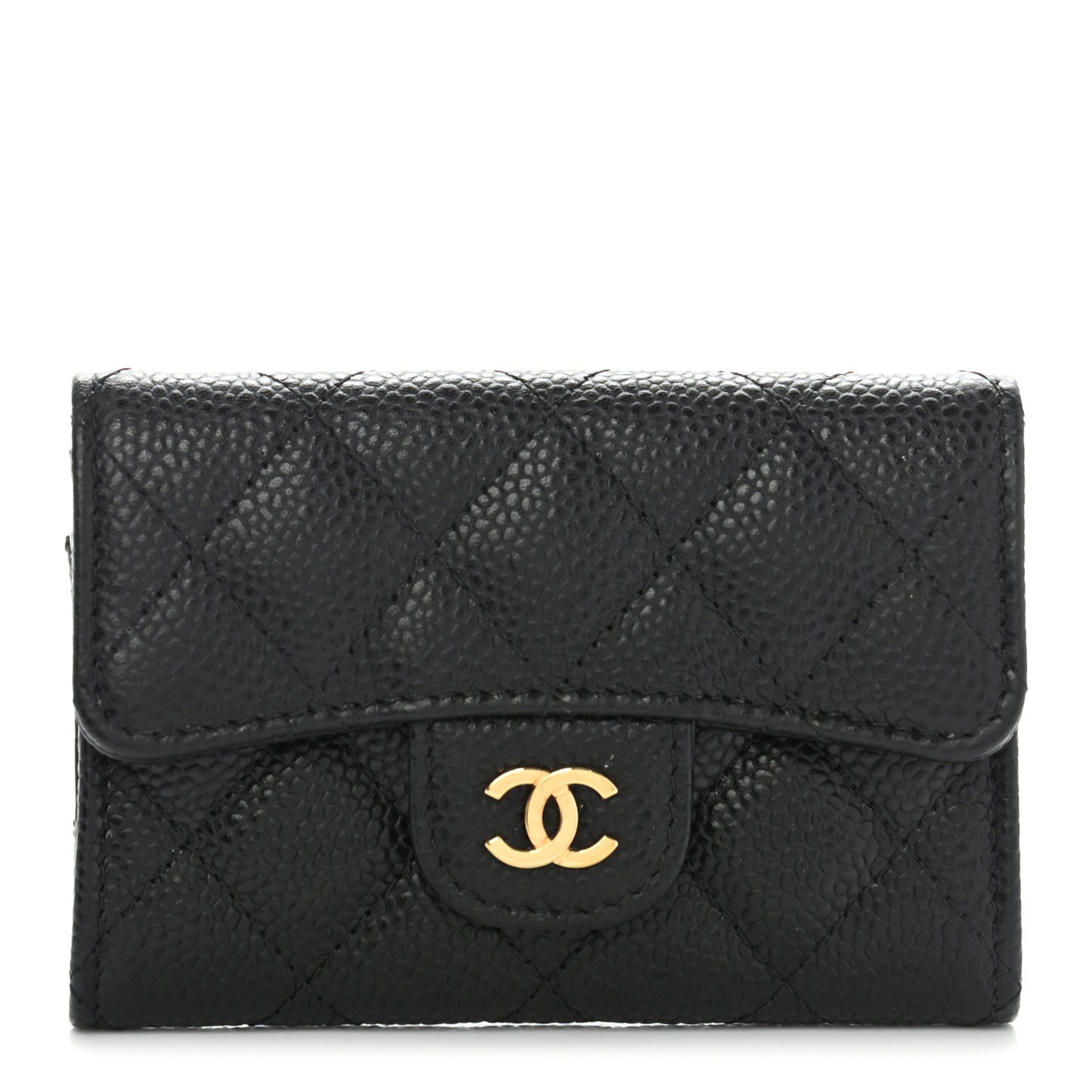 Caviar Quilted Flap Card Holder Wallet Black