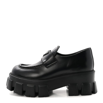 Prada Spazzolato Rois Metal Triangle Logo Monolith 55mm Loafers 38.5 Black 1 of 9