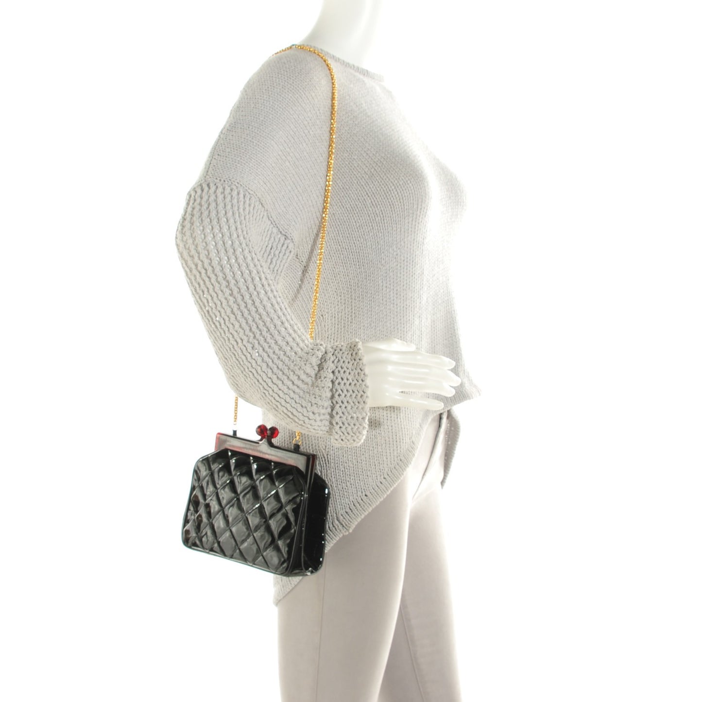 Patent Quilted Bijoux Chain Kiss Lock Frame Evening Bag Black
