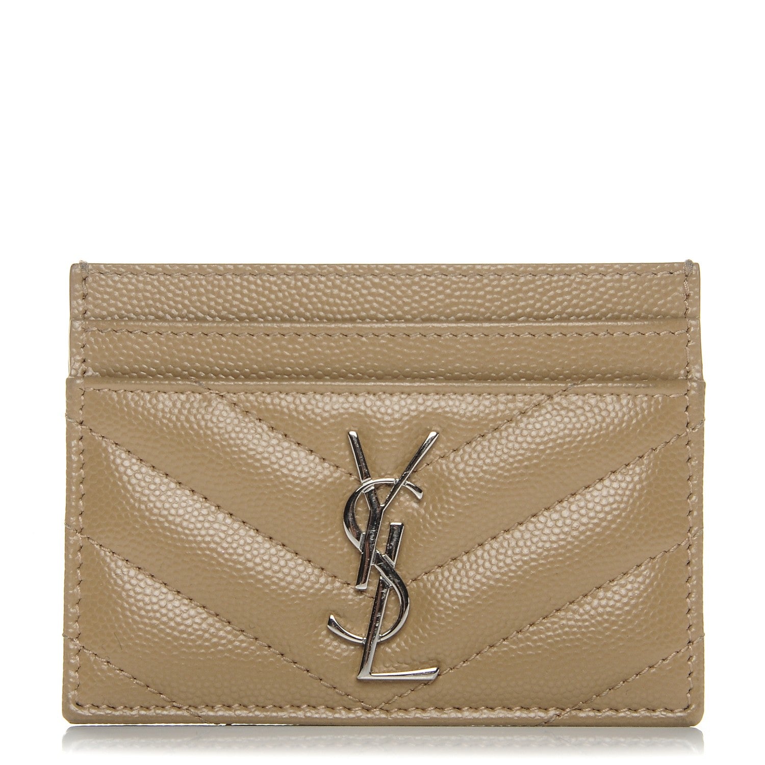 Saint Laurent Grain De Poudre Matelasse Chevron Monogram Credit Card Case Dark Beige 1 of 6
