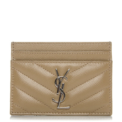 Saint Laurent Grain De Poudre Matelasse Chevron Monogram Credit Card Case Dark Beige 1 of 6