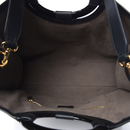 Fendi Glazed Fabric Vitello Century Plexiglass FF 1974 Stamp Patch Medium Runaway Shopper Tote Mogano Panna Black 5 of 10