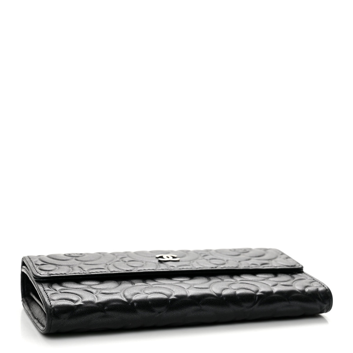 Lambskin Embossed Camellia Large Gusset Flap Wallet Black