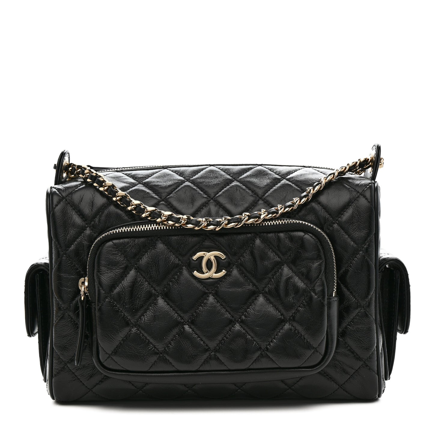 Shiny Crumpled Lambskin Quilted Medium Preppy Pocket Camera Case Black