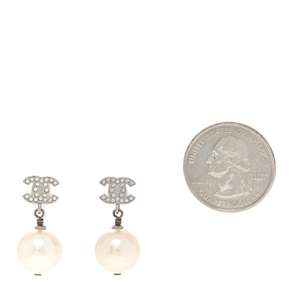 Chanel Crystal Pearl CC Drop Earrings Silver Pearly White 2 of 6