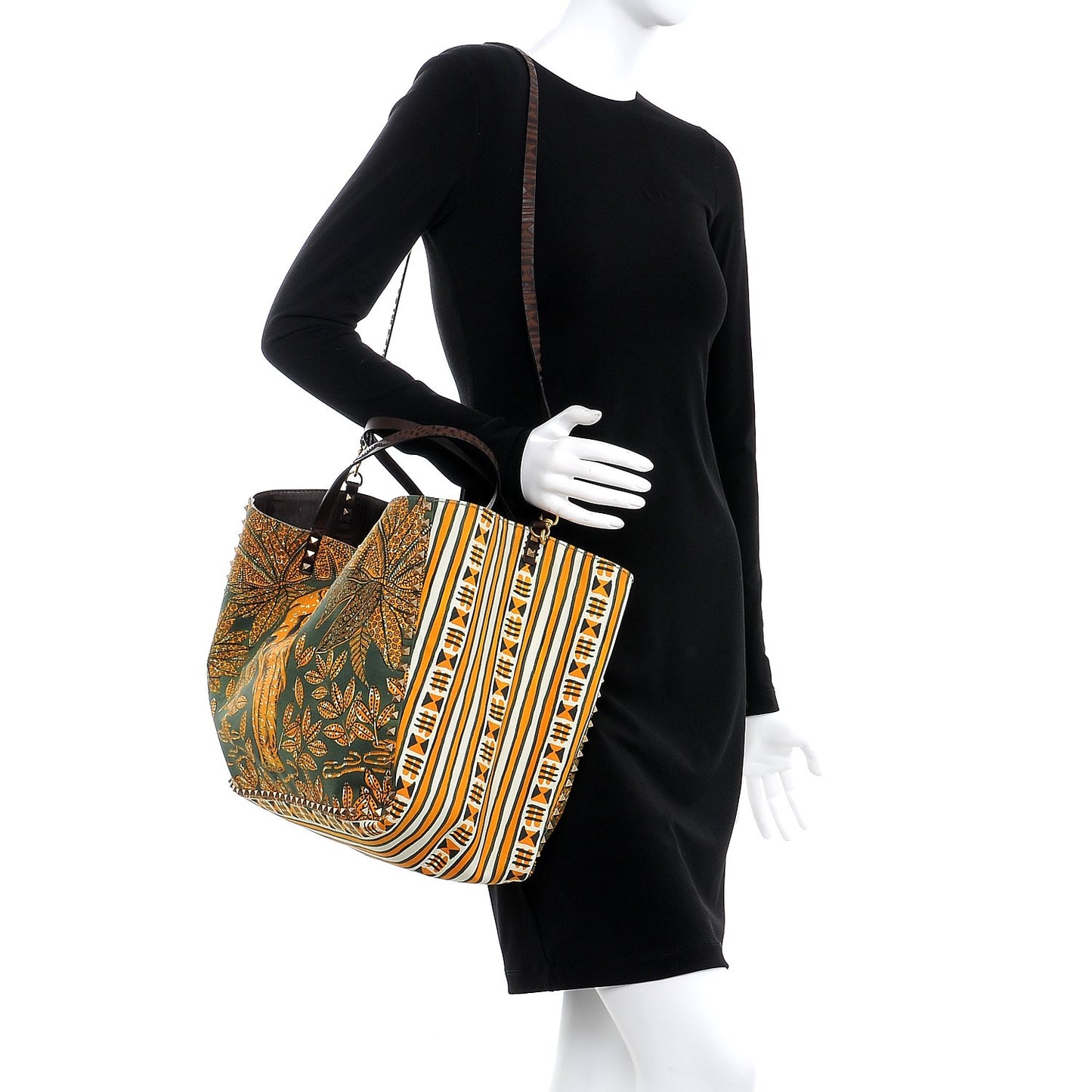 Calfskin Canvas Elephant Embossed Medium Rockstud Reversible Tote Brown