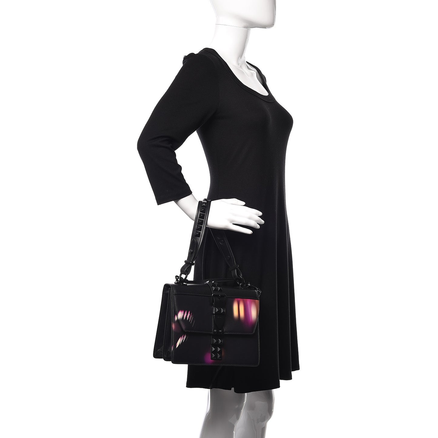 Saffiano City Lights Print Studded Elektra Shoulder Bag Black Fuxia