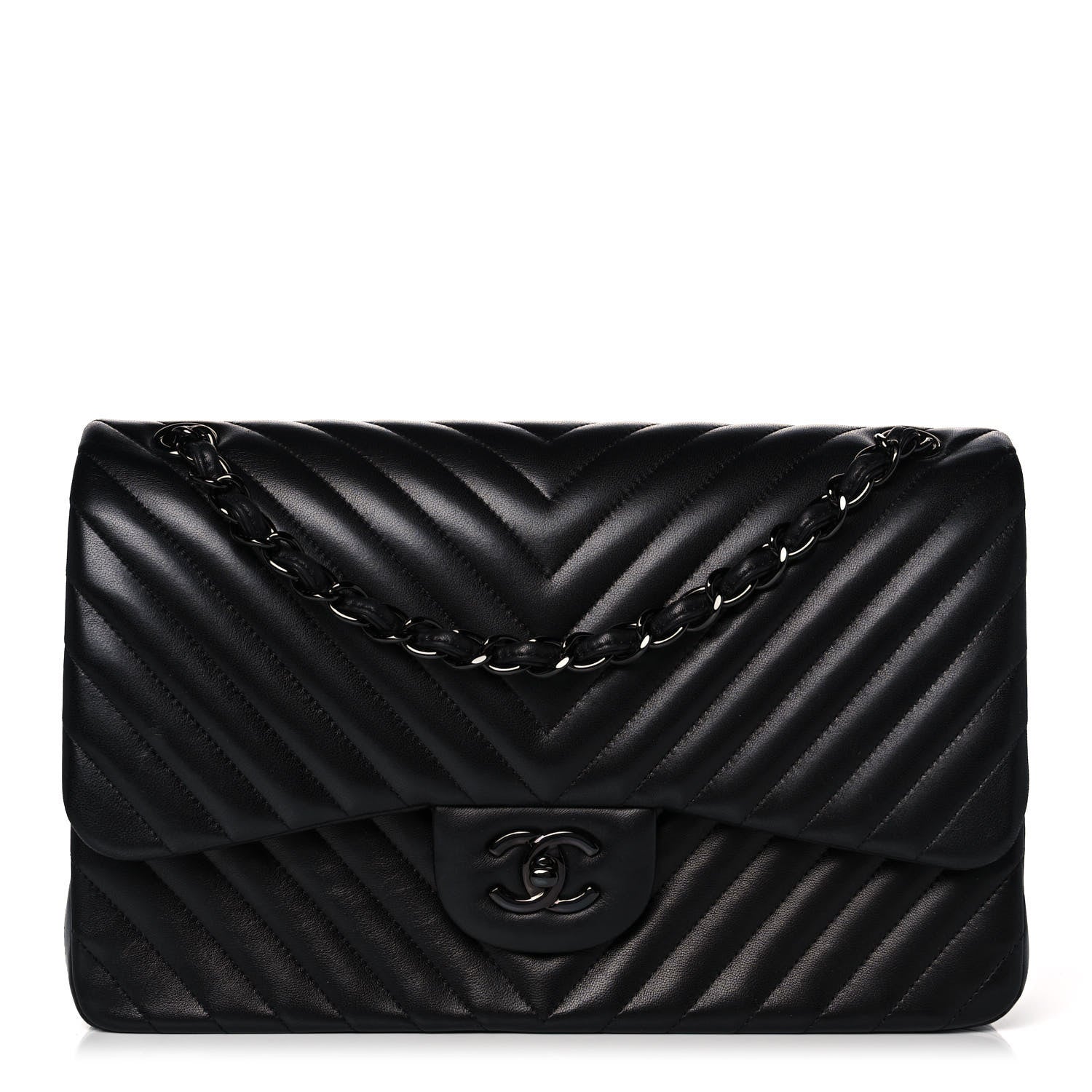 Chanel Lambskin Chevron Quilted Jumbo Double Flap So Black 1 of 14