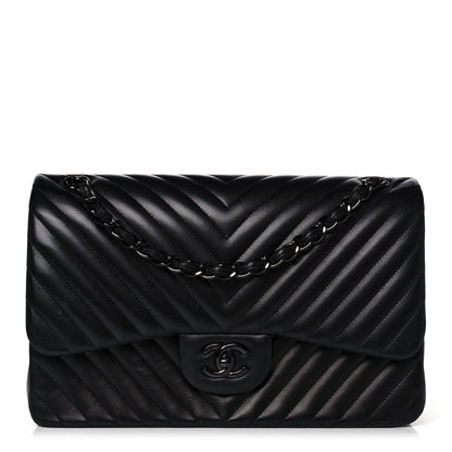 Chanel Lambskin Chevron Quilted Jumbo Double Flap So Black 1 of 14