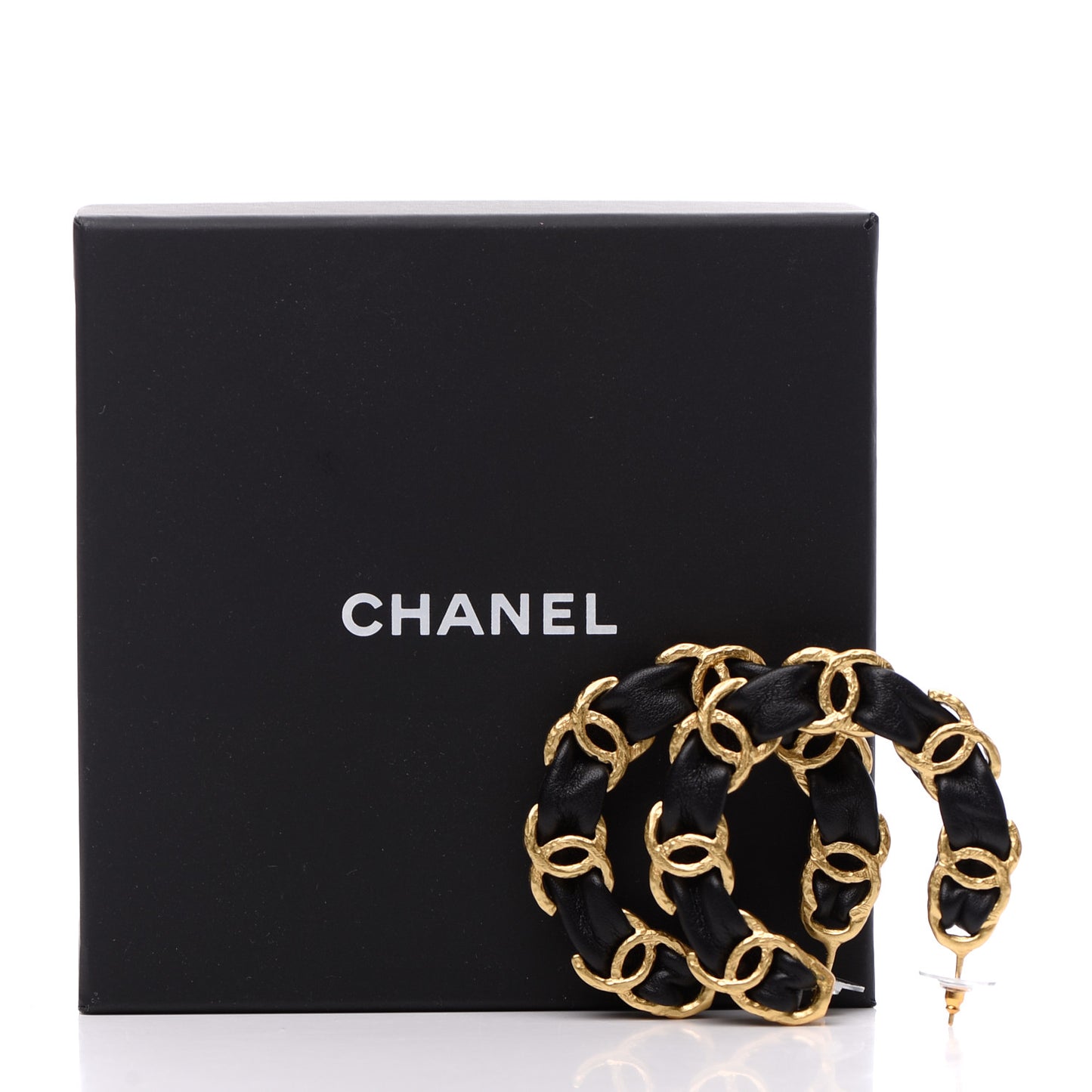 Lambskin CC Chain Hoop Earrings Gold Black